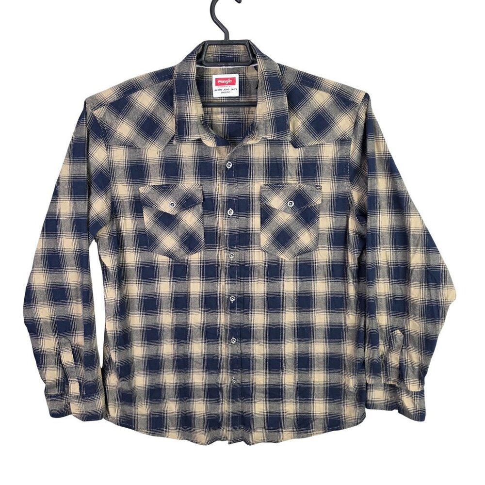 Mens Wrangler Beige & Blue Plaid Button Up Shirt Cotton Blend Stretch Size XL